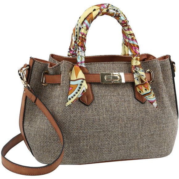 Linen with scarf Handle handbag in Coffee - Picture 2 of 5